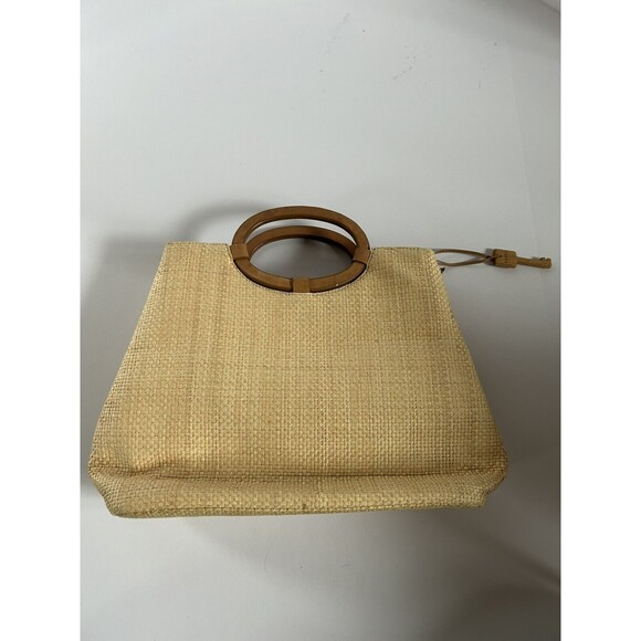 Fossil Vintage Embroidered Straw Beaded Floral Summer Handbag Retro Wood Handles - Picture 4 of 8